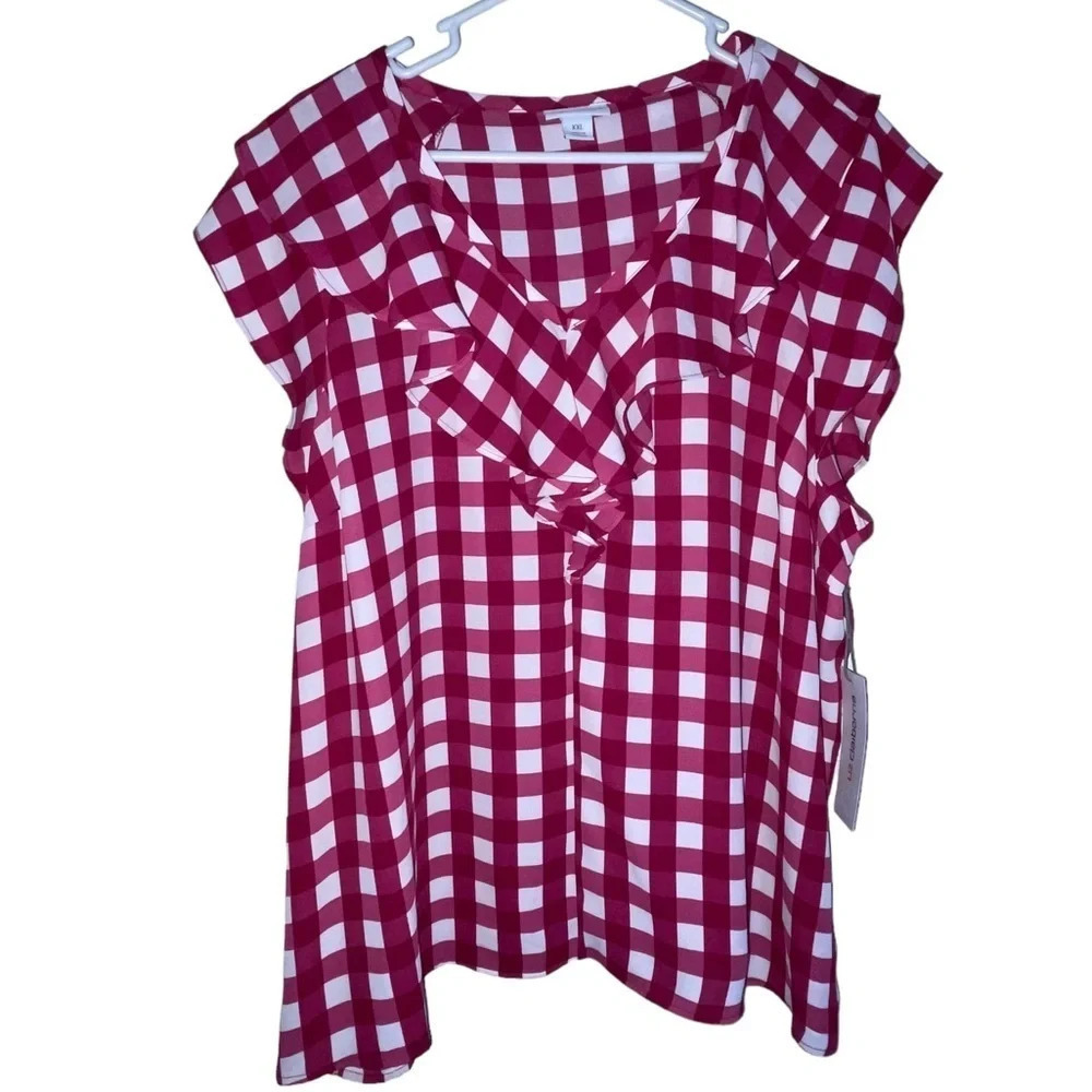 NWT Wmn’s Liz Claiborne Rose & White Buffalo Check V-neck Ruffle Cap-Sleeve Top